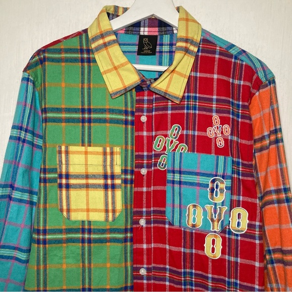 October’s Very Own Flannel Shirt Men’s Medium Multicolor Mash Up Drake OVO Patch - Picture 3 of 7